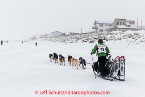 Katherine Keith runs on the sea ice within the Nome city limits on her way to the finish line on Thursday March 13 during the 2014 Iditarod Sled Dog Race.PHOTO (c) BY JEFF SCHULTZ/IditarodPhotos.com -- REPRODUCTION PROHIBITED WITHOUT PERMISSION