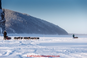 Anna Berington follows Jodi Bailey down the Yukon River in the morning on Thursday March 12, 2015 after leaving the Ruby checkpoint during Iditarod 2015.(C) Jeff Schultz/SchultzPhoto.com - ALL RIGHTS RESERVED DUPLICATION  PROHIBITED  WITHOUT  PERMISSION