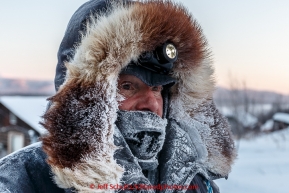 Jim Lanier arrives in Ruby in the morning on Thursday March 12, 2015 frosted up after running on the Yukon River all night during Iditarod 2015.(C) Jeff Schultz/SchultzPhoto.com - ALL RIGHTS RESERVED DUPLICATION  PROHIBITED  WITHOUT  PERMISSION