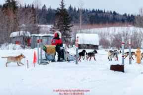Aliy Zirkle is chased by a loose dog as she runs through the Kaltag checkpoint during the 2017 Iditarod on Sunday morning March 12, 2017.Photo by Jeff Schultz/SchultzPhoto.com  (C) 2017  ALL RIGHTS RESERVED