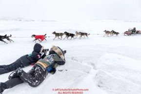 Terrie Hanke (eye on the trail) and Heidi Sloan (Teacher on the trail) take photos of Jeff King as he approaches the Unalakleet checkpoint on Monday afternoon March 12th during the 2018 Iditarod Sled Dog Race -- AlaskaPhoto by Jeff Schultz/SchultzPhoto.com  (C) 2018  ALL RIGHTS RESERVED
