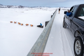 Martin Buser runs under the bridge on the Kouwegok slough as locals take photos shortly after he left the Unalakleet checkpoint on Monday  afternoon March 12th during the 2018 Iditarod Sled Dog Race -- AlaskaPhoto by Jeff Schultz/SchultzPhoto.com  (C) 2018  ALL RIGHTS RESERVED