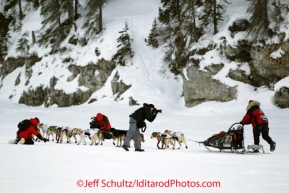 Tuesday March 13, 2012  Press photographers swarm around second place musher Aliy Zirkle a few hundred yards after leaving White Mountain. Iditarod 2012.