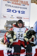 Tuesday March 13, 2012   Dallas Seavey poses with his lead dogs Guiness (R) and  Diesel (L) at the finish in Nome shorlty after Dallas won the 2012 Iditarod