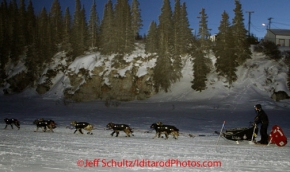 Tuesday March 13, 2012  Dallas Seavey leaves the White Mountain checkpoint in first place. Iditarod 2012.