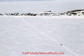 Tuesday March 13, 2012   A team on Golovin Bay with Golovin in the background.  Iditarod 2012.