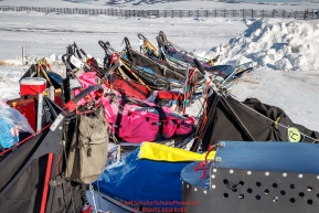 Replacement sleds sit waiting for their mushers at the Unalakleet checkpoint during the 2017 Iditarod on Monday afternoon  March 12, 2017.Photo by Jeff Schultz/SchultzPhoto.com  (C) 2017  ALL RIGHTS RESERVED