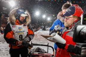 Pete Kaiser signs in at the Nome finish line to win the 2019 Iditarod Trail Sled Dog Race. Pete's winning time is 9 days 12 hours 39 minutes and 6 secondsPhoto by Jeff Schultz/  (C) 2019  ALL RIGHTS RESERVED
