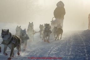 Kristi Berington runs through fog on the trail in the morning at the Huslia checkpoint on Saturday  March 14, 2015 during Iditarod 2015.  (C) Jeff Schultz/SchultzPhoto.com - ALL RIGHTS RESERVED DUPLICATION  PROHIBITED  WITHOUT  PERMISSION