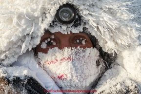 Kristi Berington is frosted up after a 40 below zero run into the Huslia checkpoint on Saturday  March 14, 2015 during Iditarod 2015.  (C) Jeff Schultz/SchultzPhoto.com - ALL RIGHTS RESERVED DUPLICATION  PROHIBITED  WITHOUT  PERMISSION