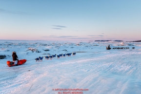 Jeff King leads Ralph Johannessen on the sea ice at dawn leaving the Koyuk checkpoint on Monday March 14th during the 2016 Iditarod.  Alaska    Photo by Jeff Schultz (C) 2016  ALL RIGHTS RESERVED