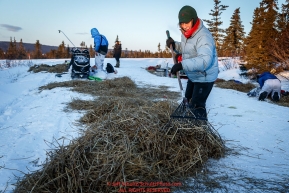 Volunteer Sally Hamm rakes straw after a musher left  the Koyuk checkpoint in the morning on Monday March 14th during the 2016 Iditarod.  Alaska    Photo by Jeff Schultz (C) 2016  ALL RIGHTS RESERVED
