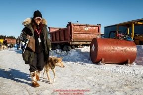 Volunteer Vet Justine Lee walks a dropped dog at the Elim checkpoint on Monday March 14th during the 2016 Iditarod.  Alaska    Photo by Jeff Schultz (C) 2016  ALL RIGHTS RESERVED