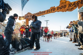 Dallas Seavey arrives at the finish line in Nome to claim 2nd place during the 2017 Iditarod on Tuesday eveing March 14, 2017.Photo by Jeff Schultz/SchultzPhoto.com  (C) 2017  ALL RIGHTS RESERVED