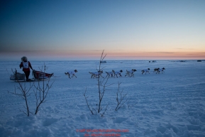 Aliy Zirkle runs on the trail past fish camps and tripod trail markers at sunset heading toward the finish at Nome on Wednesday March 14th during the 2018 Iditarod Sled Dog Race.  Photo by Jeff Schultz/SchultzPhoto.com  (C) 2018  ALL RIGHTS RESERVED