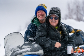 Checkpoint lead Billy Honea of Ruby Alaska is photobombed by one of his veteran volunteers, Brad from Alaska, on March 14, 2020.