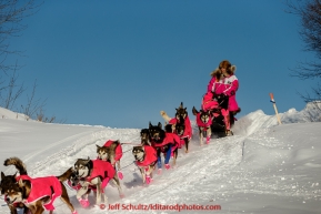 DeeDee Jonrowe runs down the bank and onto the Yukon River as she leaves the Koyukuk checkpoint on the afternoon of Sunday  March 15, 2015 during Iditarod 2015.  (C) Jeff Schultz/SchultzPhoto.com - ALL RIGHTS RESERVED DUPLICATION  PROHIBITED  WITHOUT  PERMISSION