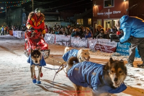 Mitch Seavey arrives in second place at the finish line in Nome on Tuesday March 15th during the 2016 Iditarod.  Alaska    Photo by Jeff Schultz (C) 2016  ALL RIGHTS RESERVED