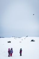 Local children of Unalakleet filled the checkpoint with fun and laughter sledding on the hills nearby, March 15th, 2020.