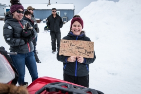 Beth, a fan of Jessie Royer, comes to the Unalakleet checkpoint to cheer her on, March 15th, 2020.