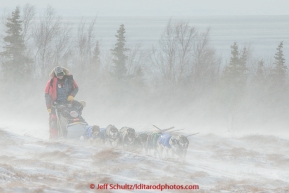 Nathan Schroeder of Minnesota runs on the trail in 30 mph winds and  through tussocks several miles after leaving the Unalakleet checkpoint on Monday March 16, 2015 during Iditarod 2015.  (C) Jeff Schultz/SchultzPhoto.com - ALL RIGHTS RESERVED DUPLICATION  PROHIBITED  WITHOUT  PERMISSION