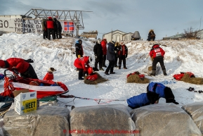 A contingent of Norwegian race fans, including 2-time Iditarod champion Robert Sorlie, watch fellow countryman Thomas Waerner lay straw down for his dogs shorlty after his arrival into the Unalakleet checkpoint on Monday March 16, 2015 during Iditarod 2015.  (C) Jeff Schultz/SchultzPhoto.com - ALL RIGHTS RESERVED DUPLICATION  PROHIBITED  WITHOUT  PERMISSION