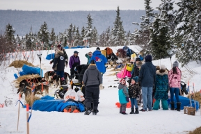 Local Koyuk residents and film crews walk through the parked dog teams at the Koyok checkpoing on March 16, 2020.