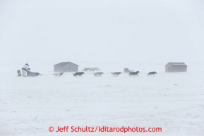 Christine Roalofs runs on the trail a few miles from Nome as she is about to finish in last place and be the winner of the Red Lantern Award.  Iditarod Sled Dog Race 2013Photo by Jeff Schultz copyright 2013 DO NOT REPRODUCE WITHOUT PERMISSION