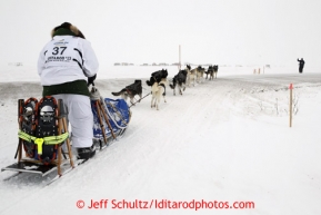 Christine Roalofs crosses the Nome raod a few miles from the finish line as she is about to finish in last place and be the winner of the Red Lantern Award.  Iditarod Sled Dog Race 2013Photo by Jeff Schultz copyright 2013 DO NOT REPRODUCE WITHOUT PERMISSION