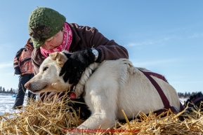 Volunteer vet Dawn Sessions examines Aaron Burmeister's dog