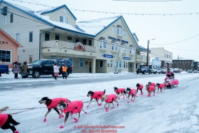 DeeDee Jonrowe runs down Front Street on the way to the finish line in Nome  during the 2017 Iditarod on Friday March 17, 2017.Photo by Jeff Schultz/SchultzPhoto.com  (C) 2017  ALL RIGHTS RESERVED