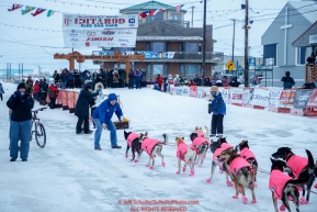 Volunteer security guards help steer DeeDee Jonrowe team off of Front Street and into the finish chute in Nome during the 2017 Iditarod on Friday March 17, 2017.Photo by Jeff Schultz/SchultzPhoto.com  (C) 2017  ALL RIGHTS RESERVED