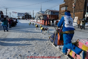 Wade Marrs runs into the finish chute on the way to the Nome burl arch finish line on Wednesday March 18, 2015 during Iditarod 2015.   (C) Jeff Schultz/SchultzPhoto.com - ALL RIGHTS RESERVED DUPLICATION  PROHIBITED  WITHOUT  PERMISSION