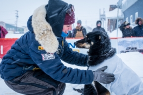 One of Jeff Deeter's dogs gets an embrace by family after completing the Iditarod on March 18, 2020.