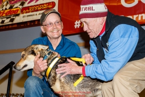 The City of Nome Lolly Medley Memorial Golden Harness Award is presented by Richard Beneville, mayor of Nome to Pilot, Mitch SeaveyÂs lead dog at the Nome Musher's Award Banquet during the 2017 Iditarod on Sunday March 19, 2017.Photo by Jeff Schultz/SchultzPhoto.com  (C) 2017  ALL RIGHTS RESERVED