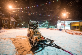 Tom Frode Johansen's sled sits among the quiet streets of Nome on March 19, 2020 (Nome, AK).