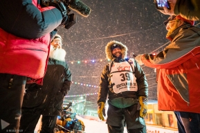 Tom Frode Johansen smiles and chats wtih media after finishing the 2020 Idiatarod on March 19, 2020 (Nome, AK).