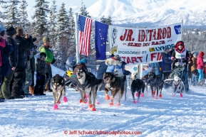 Katie Deits leaves the start line of the 2015 Junior Iditarod on the Denali Highway on Sunday March 1, 2015.(C) Jeff Schultz/SchultzPhoto.com - ALL RIGHTS RESERVED DUPLICATION  PROHIBITED  WITHOUT  PERMISSION