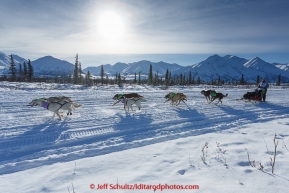 Nicole Forto and team run down the trail on the Denali Highway with the Alaska Range in the background during the start day of the 2015 Junior Iditarod on Sunday March 1, 2015(C) Jeff Schultz/SchultzPhoto.com - ALL RIGHTS RESERVED DUPLICATION  PROHIBITED  WITHOUT  PERMISSION