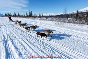Rose Capistrant and team run down the trail on the Denali Highway with the Alaska Range in the background during the start day of the 2015 Junior Iditarod on Sunday March 1, 2015(C) Jeff Schultz/SchultzPhoto.com - ALL RIGHTS RESERVED DUPLICATION  PROHIBITED  WITHOUT  PERMISSION