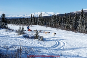 Marianna Mallory and team run down the trail on the Denali Highway with the Alaska Range in the background during the start day of the 2015 Junior Iditarod on Sunday March 1, 2015(C) Jeff Schultz/SchultzPhoto.com - ALL RIGHTS RESERVED DUPLICATION  PROHIBITED  WITHOUT  PERMISSION