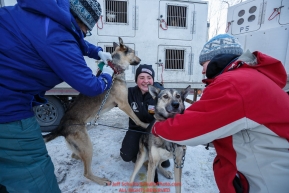 Rookie musher Laura Neese (center) holds two of her dogs as they are examined by volunteer race veterinarians at the pre-race vet-check for dogs running this year's 2017 Iditarod at Iditarod Headquarters in Wasilla, Alaska.  Wednesday March 1, 2017Photo by Jeff Schultz/SchultzPhoto.com  (C) 2017  ALL RIGHTS RESVERVED
