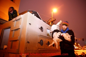 Musher Mike Ellis takes one of his Siberian Huskies from his dog truck in the early hours prior to the ceremonial start of the Iditarod sled dog race in downtown Anchorage Saturday, March 2, 2013. Photo (C) Jeff Schultz/IditarodPhotos.com  Do not reproduce without permission