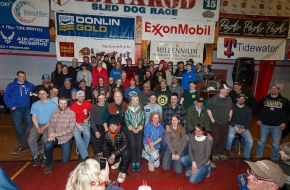 Alaska Governor Bill Walker and the first lady pose with most all of the 2015 Iditarod finishers at the finishers banquet in Nome on Sunday  March 22, 2015 during Iditarod 2015.  (C) Jeff Schultz/SchultzPhoto.com - ALL RIGHTS RESERVED DUPLICATION  PROHIBITED  WITHOUT  PERMISSION