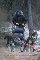 Gus Guenther runs down the trail through a spruce forest just a few hundred yards from the Rohn checkpoint on Tuesday March 4 during Iditarod 2014 . PHOTO BY JEFF SCHULTZ/IDITARODPHOTOS.COM  USE ONLY WITH PERMISSION