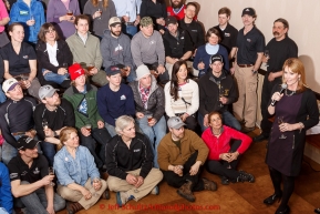 Millenium hotel manager Carol Fraser gives a speach to the filed of 2015 Iditarod mushers at the mandatory musher meeting on Thursday March 5, 2015 at the Millennium Hotel race headquarters in Anchorage.  Iditarod 2015 (C) Jeff Schultz/SchultzPhoto.com - ALL RIGHTS RESERVED DUPLICATION  PROHIBITED  WITHOUT  PERMISSION