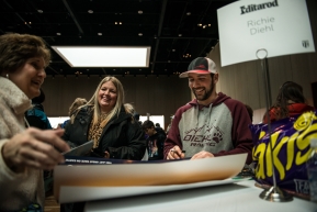 The musher meet & greet is a great way to say hello to the mushers, get an autograph, and personally wish them and their team good luck on the Iditarod trail. Held at the Denaâina Center in Anchorage, Alaska. Musher: Richie Diehl