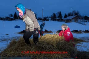 Volunteers pick up and haul used straw at Nikolai on Tuesday March 4 during the 2014 Iditarod.  PHOTO BY JEFF SCHULTZ / IDITARODPHOTOS.COM   DO NOT REPRODUCE WITHOUT PERMISSION