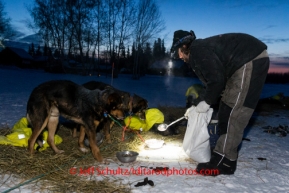 Rick Casillo feeds his dogs at dawn at Nikolai on Wednesday March 5 during the 2014 Iditarod.  PHOTO BY JEFF SCHULTZ / IDITARODPHOTOS.COM   DO NOT REPRODUCE WITHOUT PERMISSION