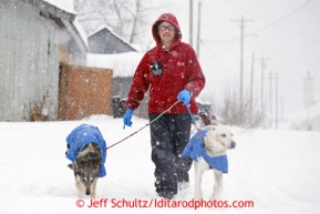 Mitch Seavey takes two of his dogs for a walk during his 24 hour break at the Tokotna checkpoint just before dawn on Wednesday March 6, 2013.Iditarod Sled Dog Race 2013Photo by Jeff Schultz copyright 2013 DO NOT REPRODUCE WITHOUT PERMISSION